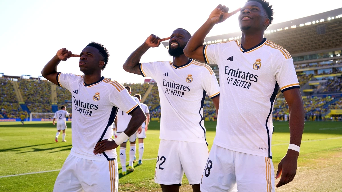 Vinicius, Rudider y Tchouameni celebran un gol del Real Madrid