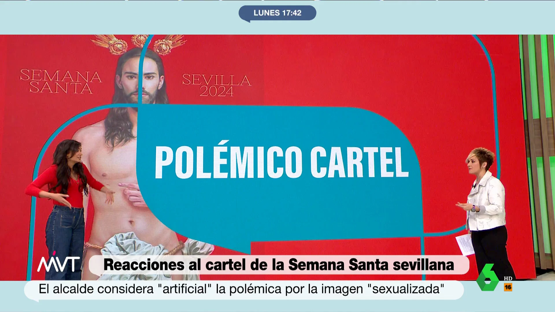 Cristina Pardo y María Lamela analizan las reacciones en Sevilla al cartel de la Semana Santa 2024, desde aquellos que aseguran que Jesucristo aparece sexualizado, hasta el alcalde, que lo defiende asegurando que es "valiente y arriesgado".