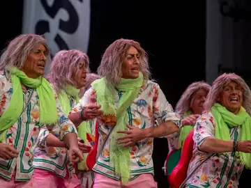 La chirigota &#39;Que no se pierda la carga&#39; durante su actuación este jueves en el Concurso Oficial de Agrupaciones Carnavalescas en el Gran Teatro Falla, en Cádiz. 
