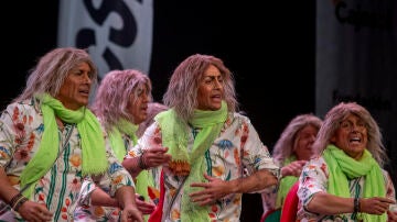La chirigota 'Que no se pierda la carga' durante su actuación este jueves en el Concurso Oficial de Agrupaciones Carnavalescas en el Gran Teatro Falla, en Cádiz. 