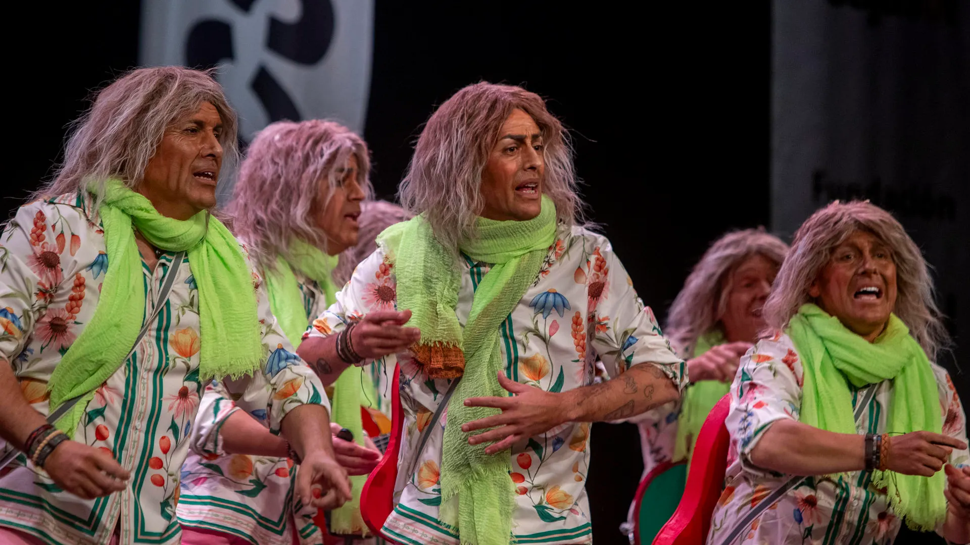 La chirigota 'Que no se pierda la carga' durante su actuación este jueves en el Concurso Oficial de Agrupaciones Carnavalescas en el Gran Teatro Falla, en Cádiz. 