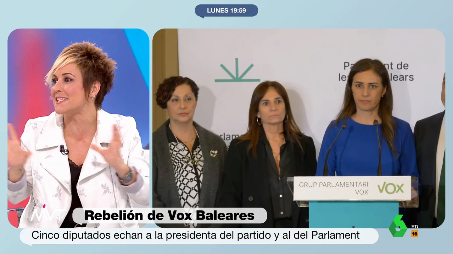 Cristina Pardo ironiza sobre la 'rebelión' de los diputados de Vox en Baleares "La unidad les sale por los poros" ironiza Cristina Pardo en este vídeo de Más Vale Tarde al ver los motivos de los cinco diputados de Vox en Baleares para expulsar a los otros dos, que además forman la dirección del partido en la isla.