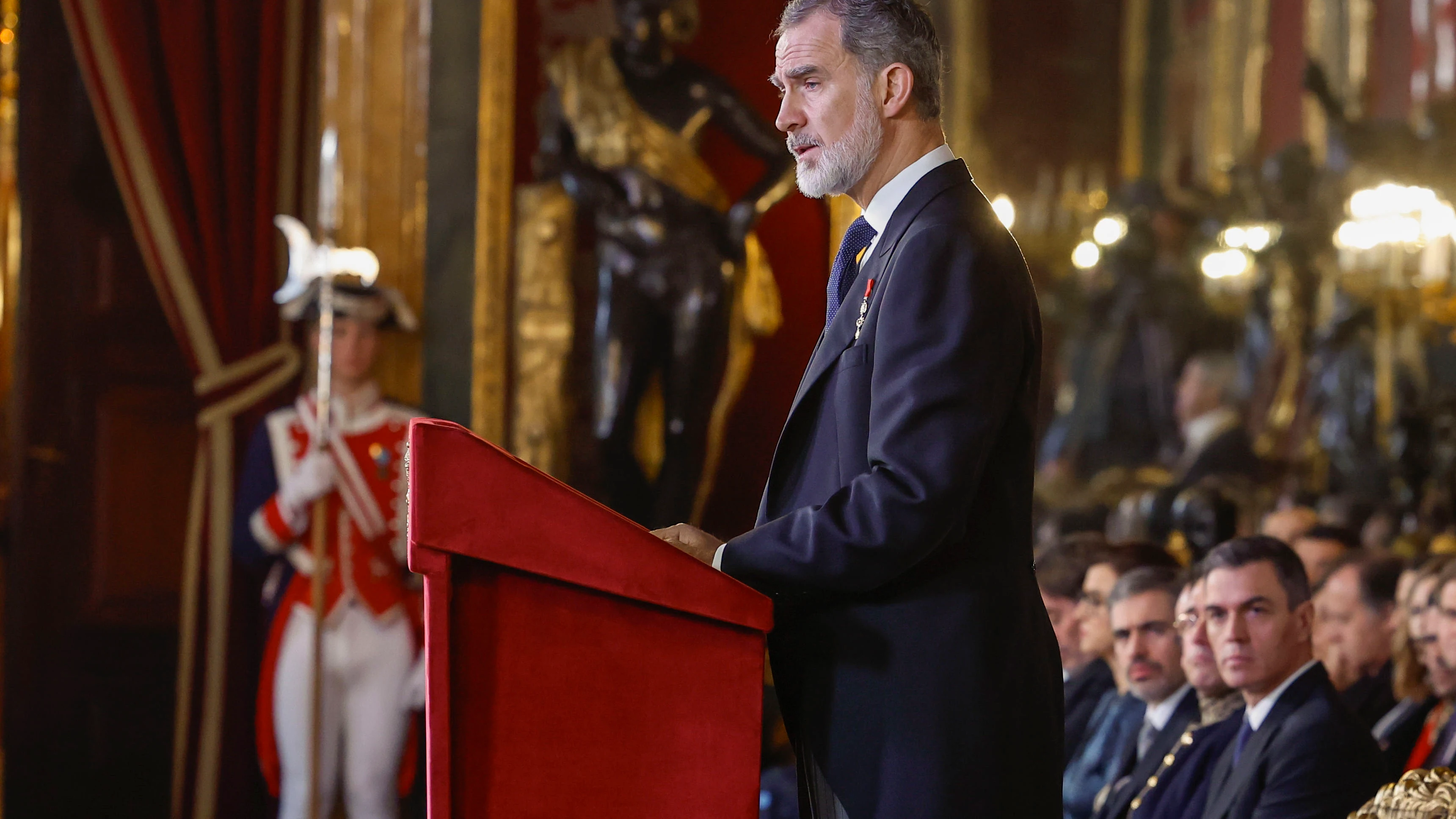 El rey Felipe, durante su discurso en la recepción este miércoles en el Palacio Real