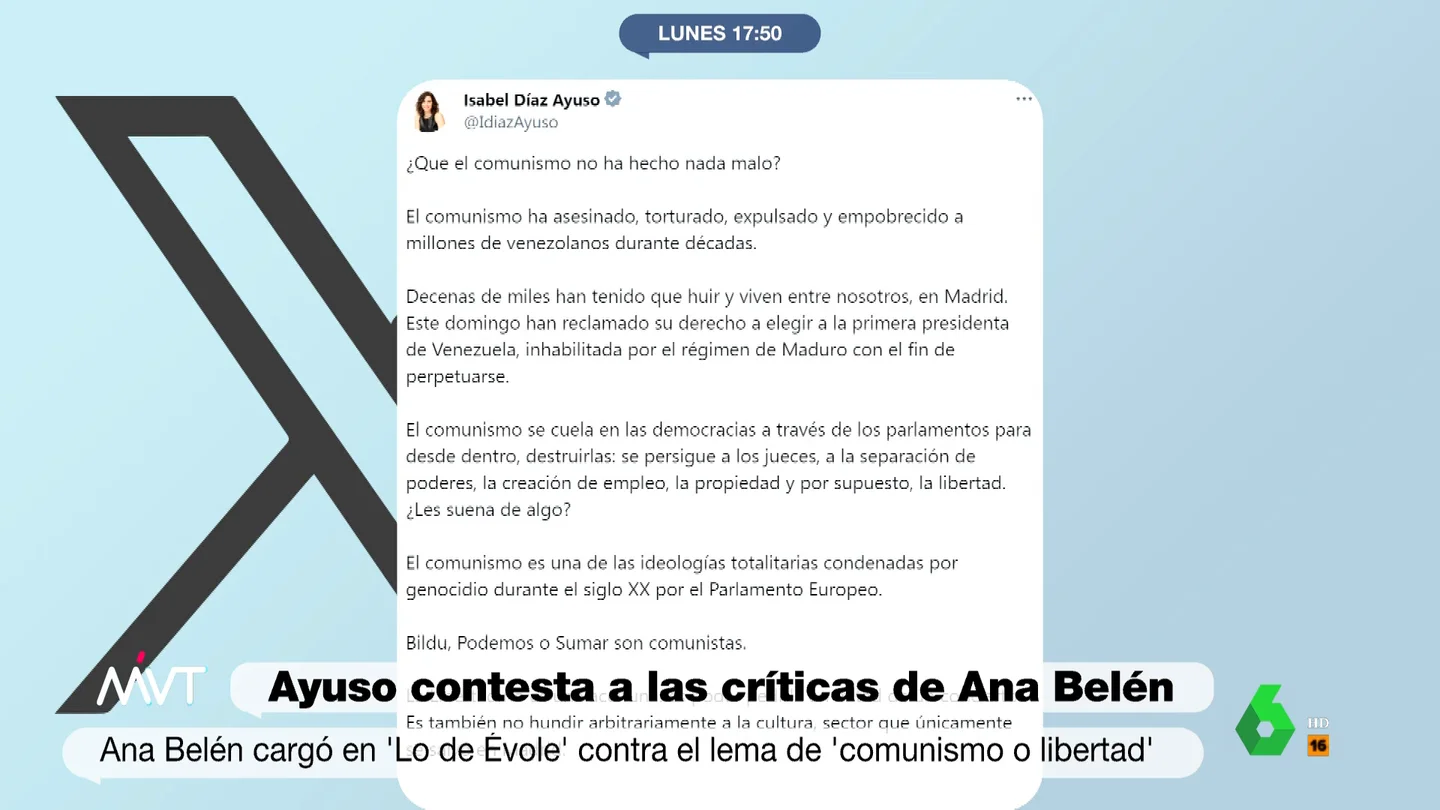 Ayuso responde a Ana Belén: "La libertad no es una aceituna, es poder pedirla en mitad de un concierto" Ayuso responde a Ana Belén: "La libertad no es una aceituna, es poder pedirla en mitad de un concierto"