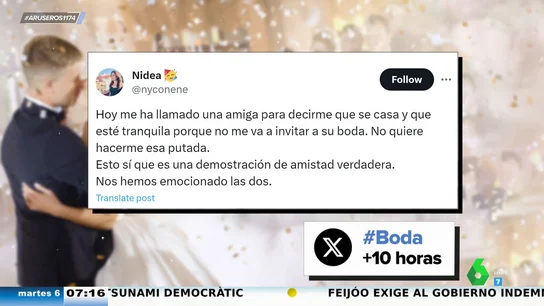 Agradece públicamente a su amiga no hacerle "la putada" de invitarle a su boda y su tuit se convierte en viral Agradece públicamente a su amiga no hacerle "la putada" de invitarle a su boda y su tuit se convierte en viral