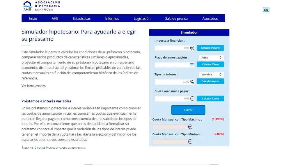 Calculador hipotecario de la Asociación Hipotecaria Española