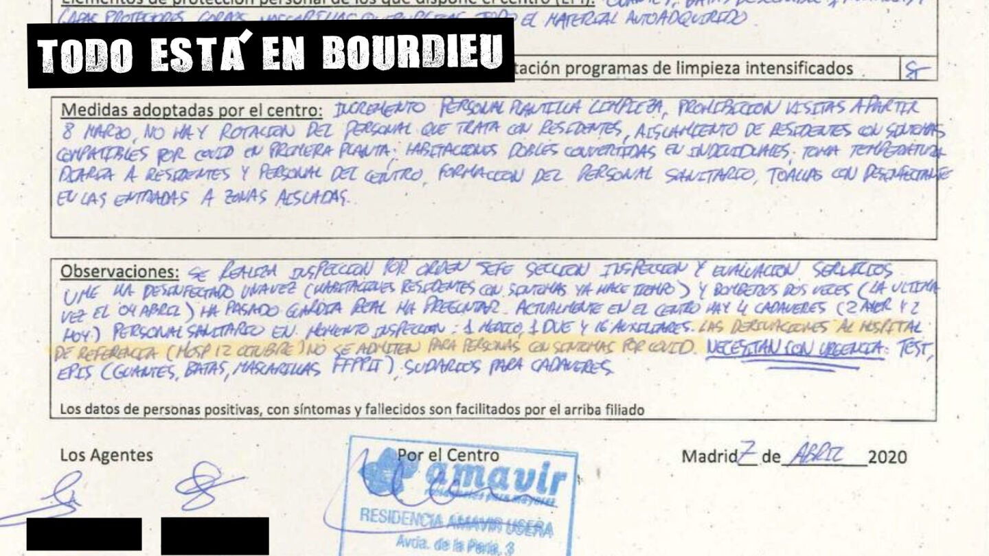 Extracto del acta de la Polic&iacute;a Local sobre la Residencia Amavir de Usera, en Madrid. 