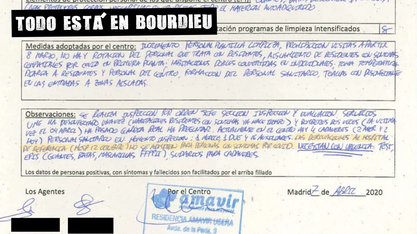 Extracto del acta de la Policía Local sobre la Residencia Amavir de Usera, en Madrid. Extracto del acta de la Policía Local sobre la Residencia Amavir de Usera, en Madrid.