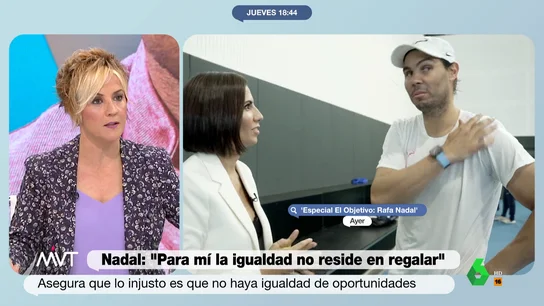 Cristina Pardo responde a Afra Blanco sobre Rafa Nadal y el feminismo Cristina Pardo y Afra Blanco debaten sobre las palabras de Nadal en las que asegura que la igualdad "no reside en regalar" y defiende que "si Serena Williams genera más que yo, que gane más". Sus reflexiones, en este vídeo de Más Vale Tarde.