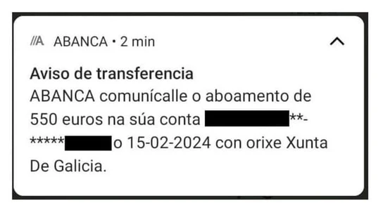 Notificación de transferencia recibida por los mariscadores gallegos este jueves. Notificación de transferencia recibida por los mariscadores gallegos este jueves.