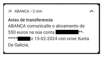 Notificación de transferencia recibida por los mariscadores gallegos este jueves.