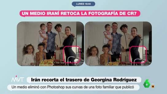 Cristina Pardo carga contra la censura iraní al trasero de Georgina Rodríguez "Hemos pasado de tapar un desnudo a reducir las medidas de una persona, me parece absurdo", comenta Cristina Pardo tras ver la censura de Irán a la foto en la que se ve a Georgina celebrando con su familia el cumpleaños de Cristiano Ronaldo.