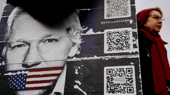 Una manifestante sostiene una pancarta con el rostro de Julian Assange en una protesta en Berlín Una manifestante sostiene una pancarta con el rostro de Julian Assange en una protesta en Berlín
