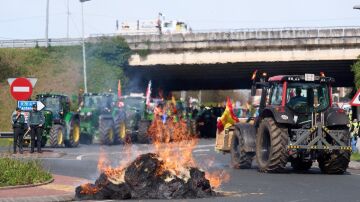 Los ganaderos queman paja en una rotonda durante la tractorada convocada en Colindres (Cantabria)
