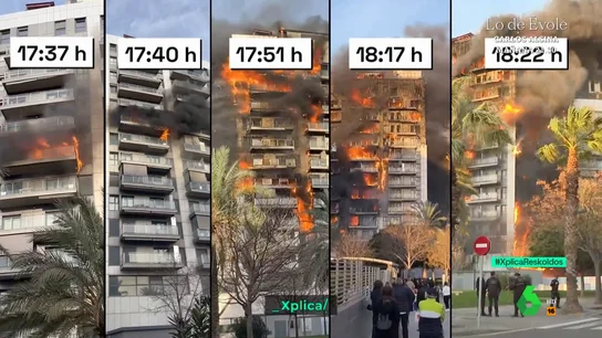 Secuencia de cómo ardió el edificio de 14 plantas de Valencia en tan solo 50 minutos  Secuencia de cómo ardió el edificio de 14 plantas de Valencia en tan solo 50 minutos