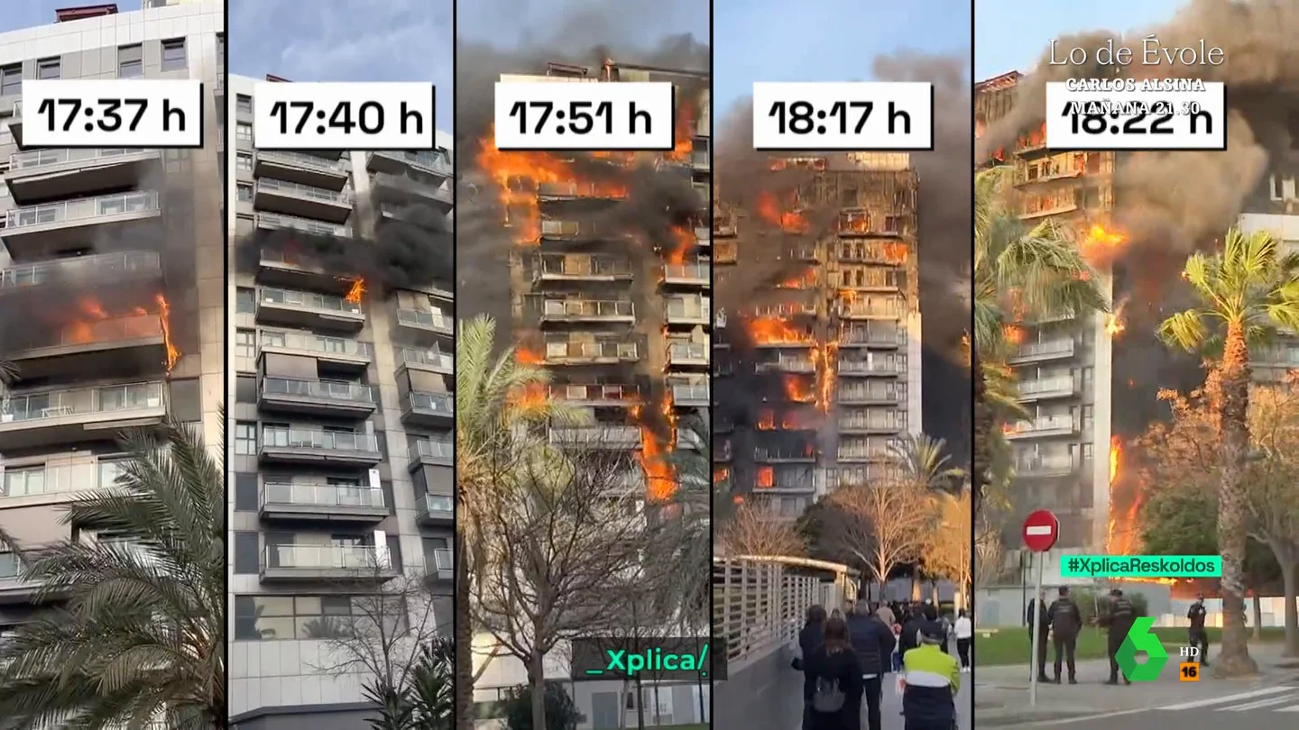 Secuencia de cómo ardió el edificio de 14 plantas de Valencia en tan solo 50 minutos Secuencia de cómo ardió el edificio de 14 plantas de Valencia en tan solo 50 minutos
