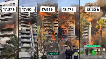 Secuencia de cómo ardió el edificio de 14 plantas de Valencia en tan solo 50 minutos 