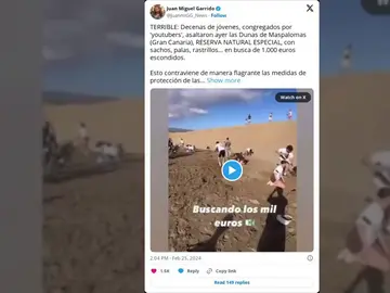 Destrozan las Dunas de Maspalomas de Gran Canaria para encontrar 1.000 euros que habían escondido unos youtubers: "Atentado medioambiental" Destrozan las Dunas de Maspalomas de Gran Canaria para encontrar 1.000 euros que habían escondido unos youtubers: "Atentado medioambiental"