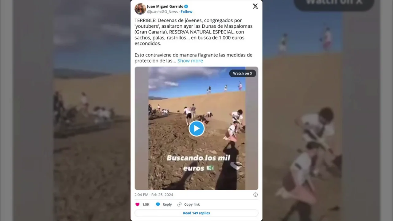 Destrozan las Dunas de Maspalomas de Gran Canaria para encontrar 1.000 euros que habían escondido unos youtubers: "Atentado medioambiental" Destrozan las Dunas de Maspalomas de Gran Canaria para encontrar 1.000 euros que habían escondido unos youtubers: "Atentado medioambiental"