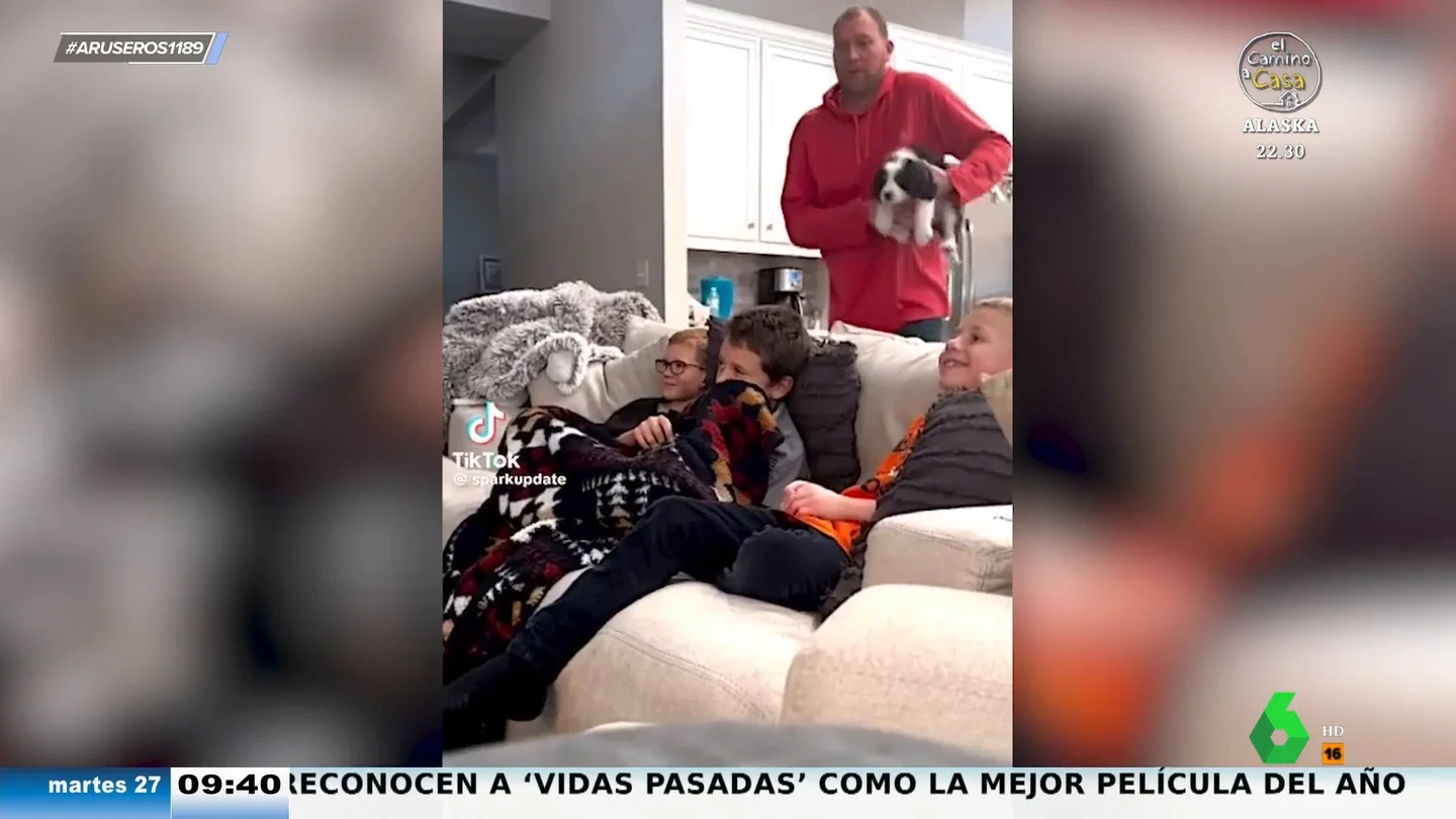 La emocionante reacción de tres niños cuando su padre les lleva un perro a casa La emocionante reacción de tres niños cuando su padre les lleva un perro a casa
