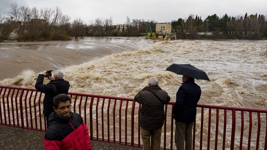 Varias personas observan el paso del río Ebro desbordado. Varias personas observan el paso del río Ebro desbordado.