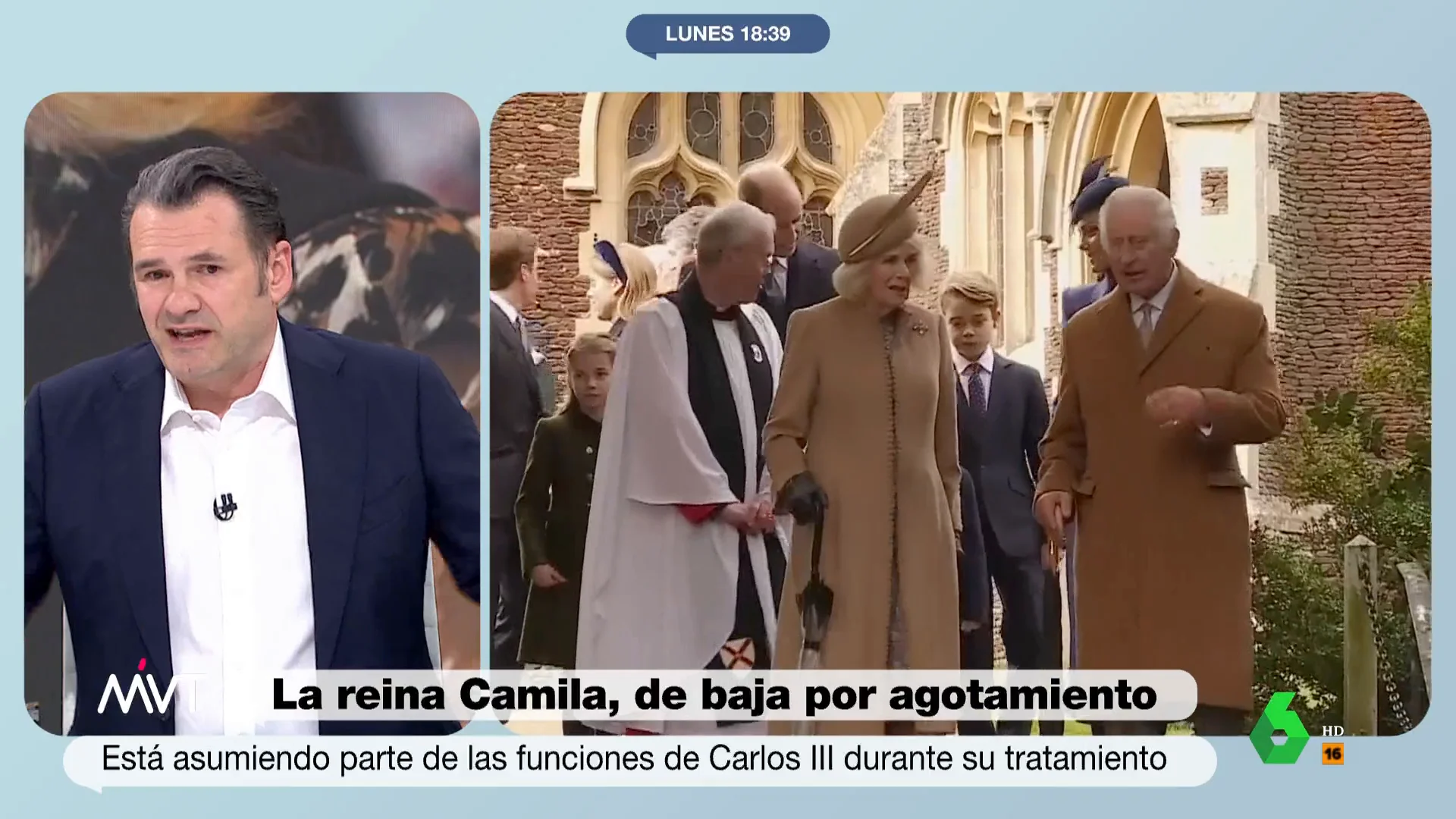 "Cuando tú y tu pareja no habéis trabajado hasta los 75...", comenta Iñaki López, que en este vídeo tira de ironía y analiza la baja por agotamiento de la reina consorte de Inglaterra, Camilla, tras tres semanas asumiendo las funciones de Carlos III.