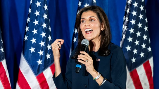 Nikki Haley habla en un acto de campaña en el Hotel Madison de Washington, DC. Nikki Haley habla en un acto de campaña en el Hotel Madison de Washington, DC.