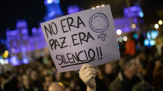 Este es Una persona sostiene un cartel, durante una manifestación contra la violencia hacia las mujeres. Este es Una persona sostiene un cartel, durante una manifestación contra la violencia hacia las mujeres.