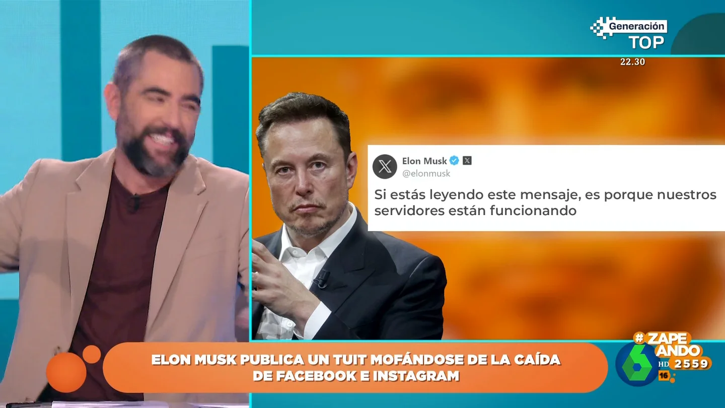 El tuit de Elon Musk donde se mofa de la caída de Facebook e Instagram Elon Musk aprovechaba la caída de Facebook e Instagram para mofarse de la competencia en un tuit que Zapeando analiza en este vídeo. "Le estoy dando de comer a los dos, que tengo una cuenta con ellos", comenta 'indignado' Miki Nadal.