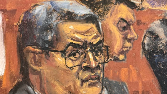 Reproducción fotográfica de un dibujo donde aparece el expresidente de Honduras Juan Orlando Hernández escuchando al jurado Reproducción fotográfica de un dibujo donde aparece el expresidente de Honduras Juan Orlando Hernández escuchando al jurado