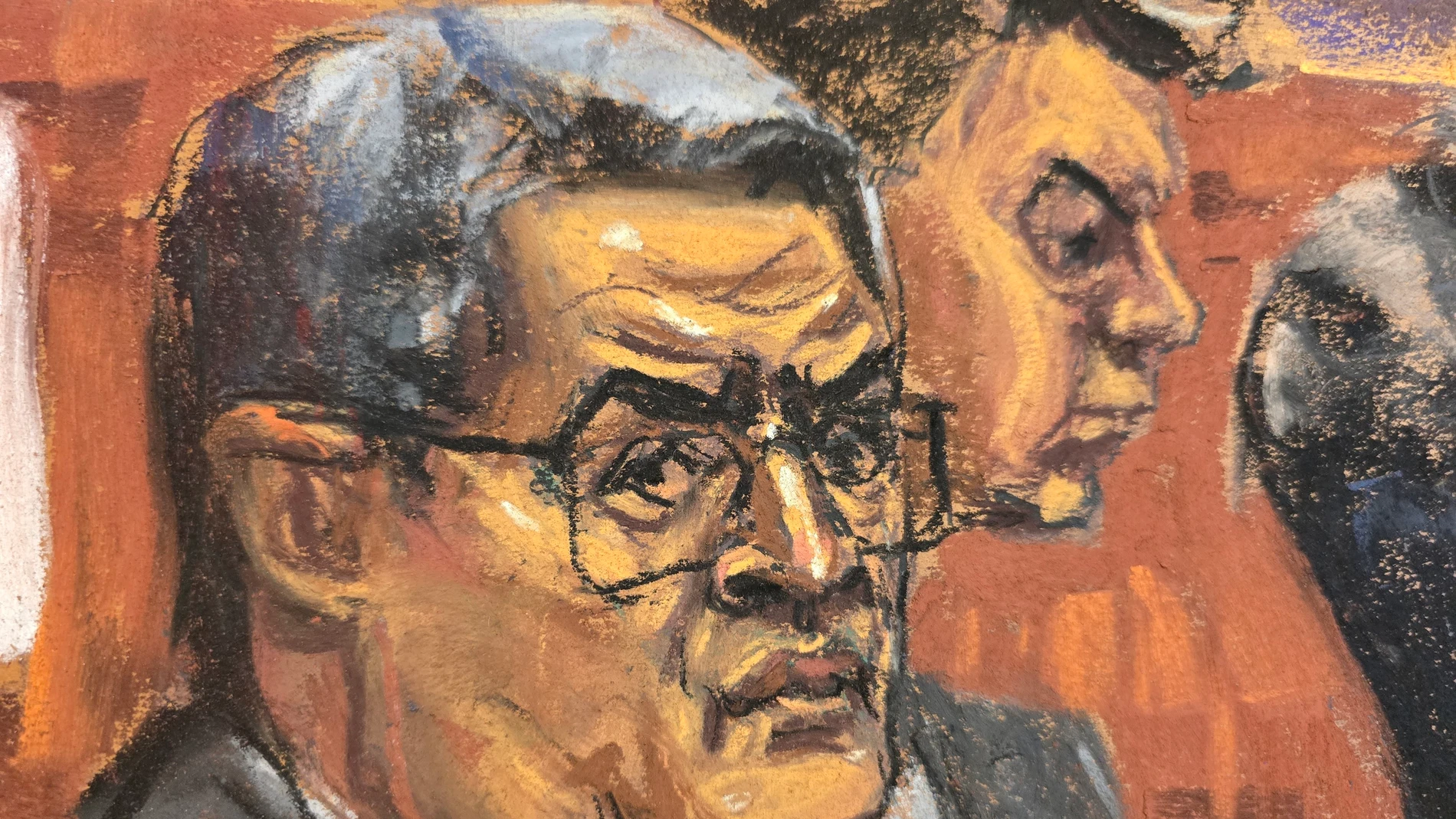 Reproducción fotográfica de un dibujo donde aparece el expresidente de Honduras Juan Orlando Hernández escuchando al jurado