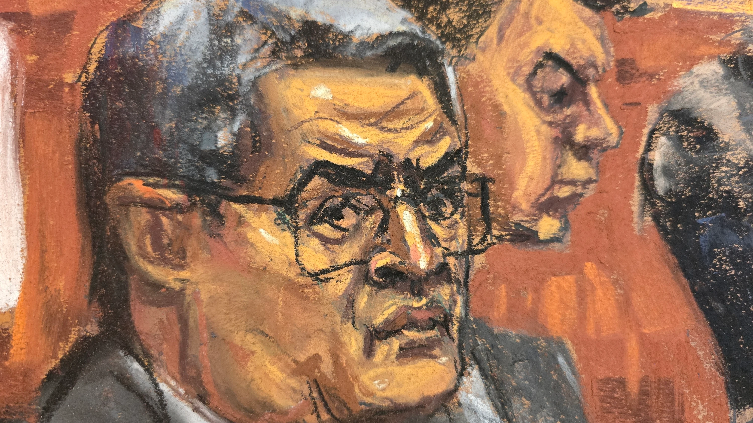 Reproducción fotográfica de un dibujo donde aparece el expresidente de Honduras Juan Orlando Hernández escuchando al jurado