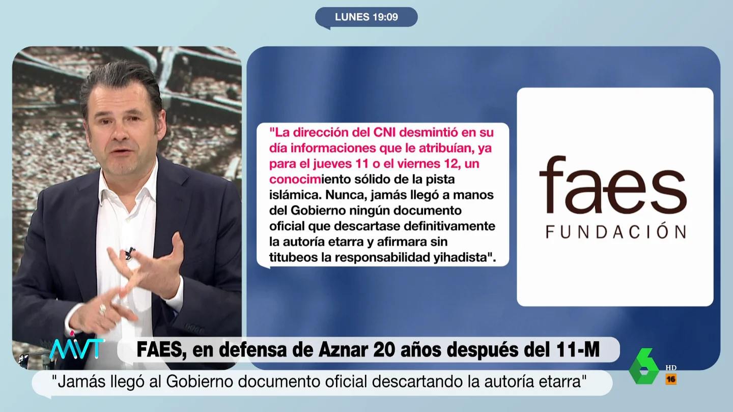 Iñaki López reflexiona sobre el comunicado de FAES por el 20 aniversario del 11M Gonzalo Miró e Iñaki López analizan en este vídeo el comunicado de FAES en defensa de la gestión del Gobierno de Aznar del 11M donde aseguran que "jamás llegó documento oficial descartando la autoría etarra". Sus reflexiones, en este vídeo.