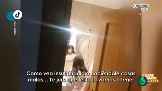 "Como te vea insult&aacute;ndola o haci&eacute;ndole cosas malas, te juro que telita la vamos a tener", advierte esta peque&ntilde;a frente al espejo en un v&iacute;deo que se ha vuelto viral y que comentan Dani Mateo, Cristina Pedroche y Ares Teixid&oacute; en Zapeando.