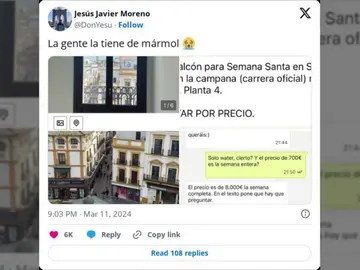 El excesivo precio de alquiler de un balcón para la Semana Santa de Sevilla se hace viral en Twitter: "Debería ser denunciable" El excesivo precio de alquiler de un balcón para la Semana Santa de Sevilla se hace viral en Twitter: "Debería ser denunciable"