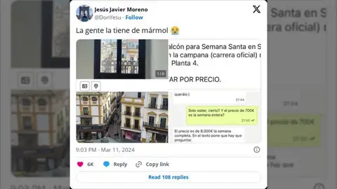 El excesivo precio de alquiler de un balcón para la Semana Santa de Sevilla se hace viral en Twitter: "Debería ser denunciable"
