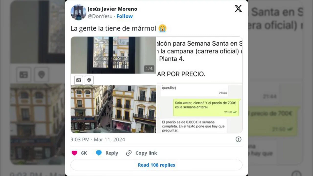 El excesivo precio de alquiler de un balcón para la Semana Santa de Sevilla se hace viral en Twitter: "Debería ser denunciable" El excesivo precio de alquiler de un balcón para la Semana Santa de Sevilla se hace viral en Twitter: "Debería ser denunciable"
