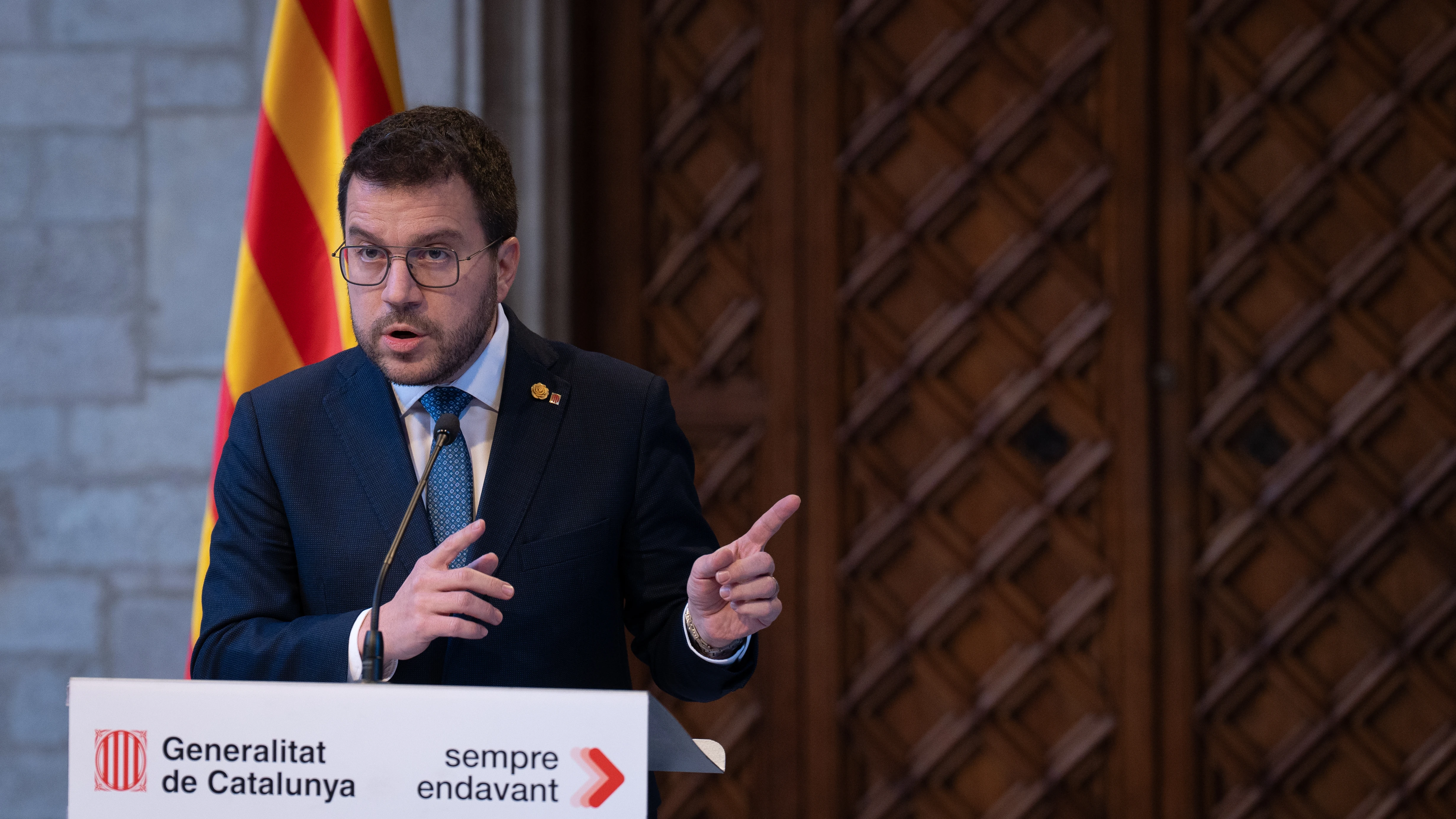 El president de la Generalitat, Pere Aragonés, durante la rueda de prensa en la que ha anunciado el adelanto de las elecciones catalanas este miércoles.