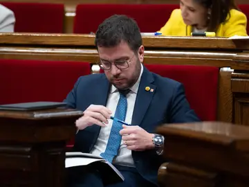 El presidente de la Generalitat, Pere Aragonès, en el pleno del Parlament sobre las enmiendas a la totalidad de los Presupuestos de la Generalitat