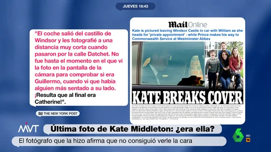 El fotógrafo de la última imagen de Kate Middleton se pronuncia: no vio su cara y la Casa Real británica le dijo que era ella ¿Era realmente Kate Middleton la mujer de la foto con el príncipe Guillermo en el coche? Más Vale Tarde analiza en este vídeo qué dice el fotógrafo que tomó la instantánea y cuáles son las teorías que circulan en Internet.