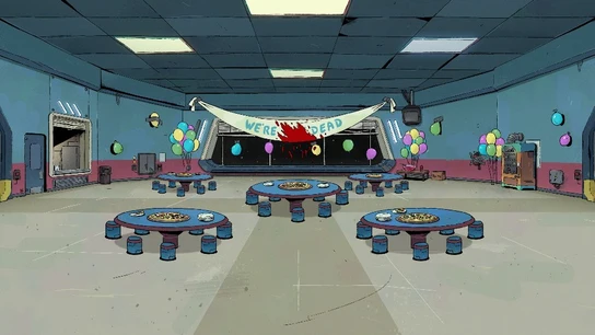 Una escena de 'Among Us' con una fiesta de cumpleaños vacía y un cartel lleno de sangre donde se lee 'Estamos muertos' Una escena de 'Among Us' con una fiesta de cumpleaños vacía y un cartel lleno de sangre donde se lee 'Estamos muertos'