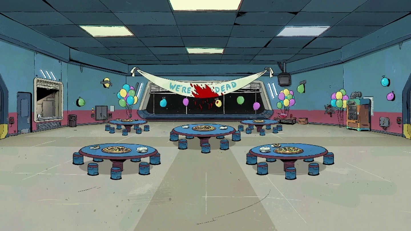 Una escena de 'Among Us' con una fiesta de cumpleaños vacía y un cartel lleno de sangre donde se lee 'Estamos muertos' Una escena de 'Among Us' con una fiesta de cumpleaños vacía y un cartel lleno de sangre donde se lee 'Estamos muertos'
