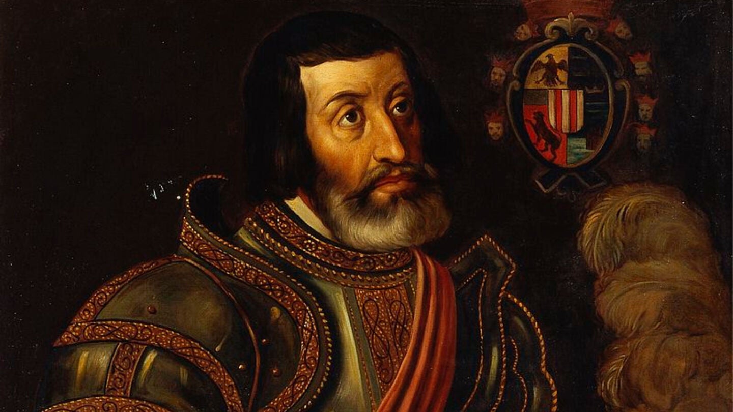 Copia de un retrato de Hern&aacute;n Cort&eacute;s realizada hacia 1879 por el pintor mexicano Jos&eacute; Salom&eacute; Pina