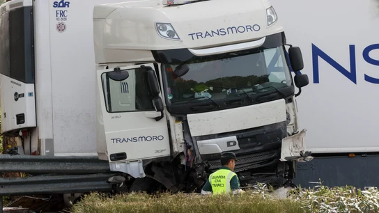El camión siniestrado tras el accidente en la AP4 a la altura de Los Palacios El camión siniestrado tras el accidente en la AP4 a la altura de Los Palacios