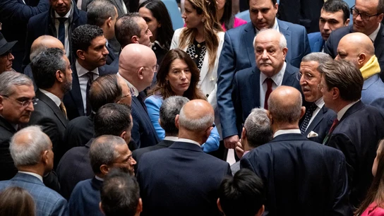 Los embajadores de Rusia y China ante la ONU, Vassily Nebenzia y Zhang Jun, hablan con los embajadores de los países árabes Los embajadores de Rusia y China ante la ONU, Vassily Nebenzia y Zhang Jun, hablan con los embajadores de los países árabes