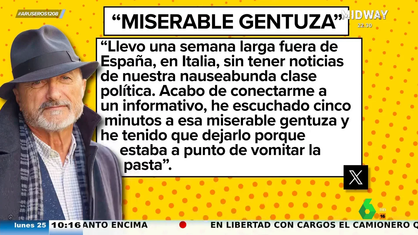 Arturo Pérez-Reverte, contra la "nauseabunda clase política": "He escuchado cinco minutos a esa miserable gentuza y lo he dejado" Arturo Pérez-Reverte, contra la "nauseabunda clase política": "He escuchado cinco minutos a esa miserable gentuza y lo he dejado"