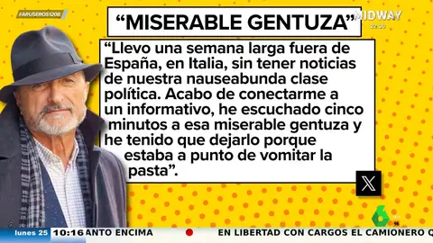 Arturo Pérez-Reverte, contra la "nauseabunda clase política": "He escuchado cinco minutos a esa miserable gentuza y lo he dejado"