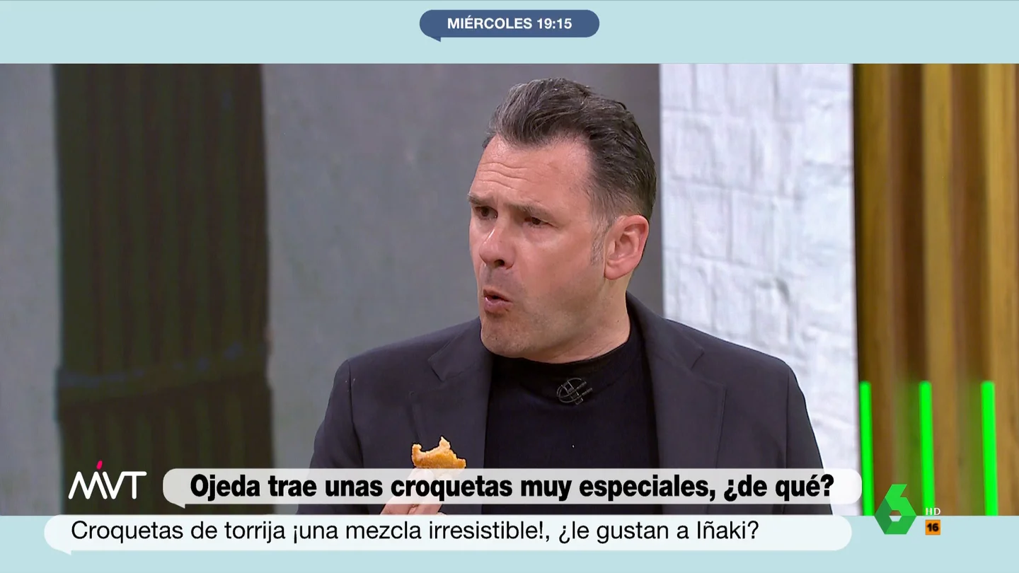 La reacción de Iñaki López al probar las croquetas de torrijas de Pablo Ojeda Pablo Ojeda remata su menú de platos típicos de Semana Santa con un postre nada convencional, unas croquetas que Iñaki López tiene que adivinar de qué son. Su reacción al descubrir que el relleno es de torrijas, en este vídeo de Más Vale Tarde.