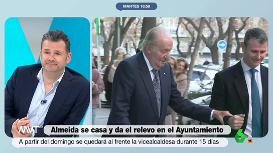 Iñaki López ironiza con la asistencia del rey emérito a la boda de Almeida José Luis Martínez-Almeida se casa este sábado y, en este vídeo, Más Vale Tarde analiza los preparativos, entre ellos la lista de invitados VIP con el rey Juan Carlos a la cabeza que, con ironía, Iñaki López sitúa junto a la pareja de Isabel Díaz Ayuso.