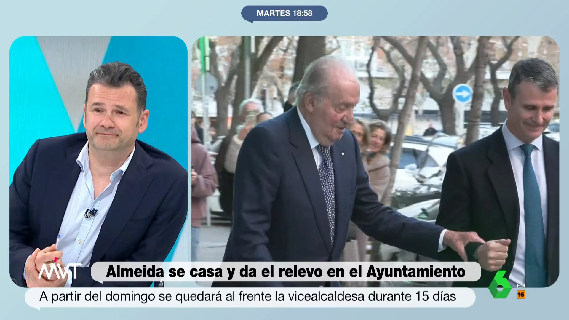 José Luis Martínez-Almeida se casa este sábado y, en este vídeo, Más Vale Tarde analiza los preparativos, entre ellos la lista de invitados VIP con el rey Juan Carlos a la cabeza que, con ironía, Iñaki López sitúa junto a la pareja de Isabel Díaz Ayuso.